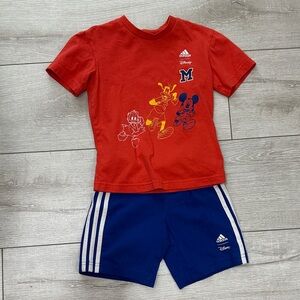 Adidas x Disney Collab Red Tee and Blue Shorts with Disney Graphics